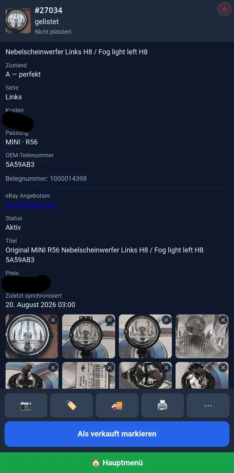 Item record with condition, fitment, OEM number, and marketplace synchronization