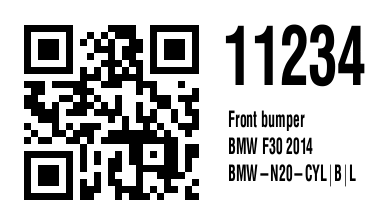 System-printed item label with QR code, item number, and vehicle fitment