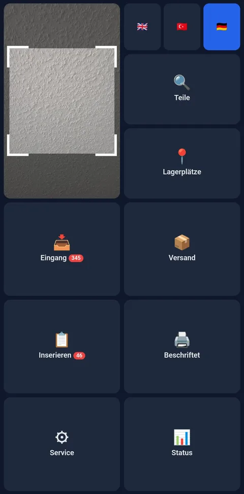 LagerIQ main menu with scanner and work queues
